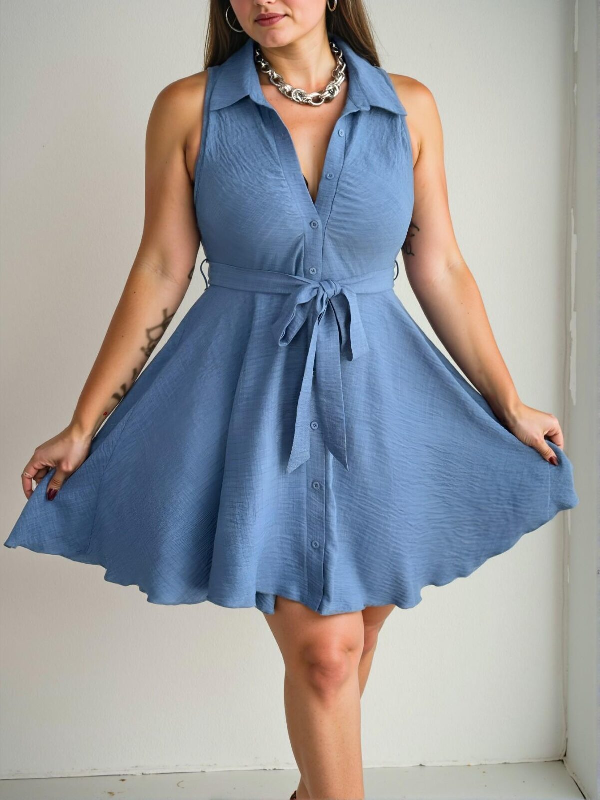 Elegant Blue Casual Sleeveless Shirt Dress with Single Breasted Design for Spring and Summer - Chic, Classy and Trendy Fashion Style to Dress to Impress - Image 2