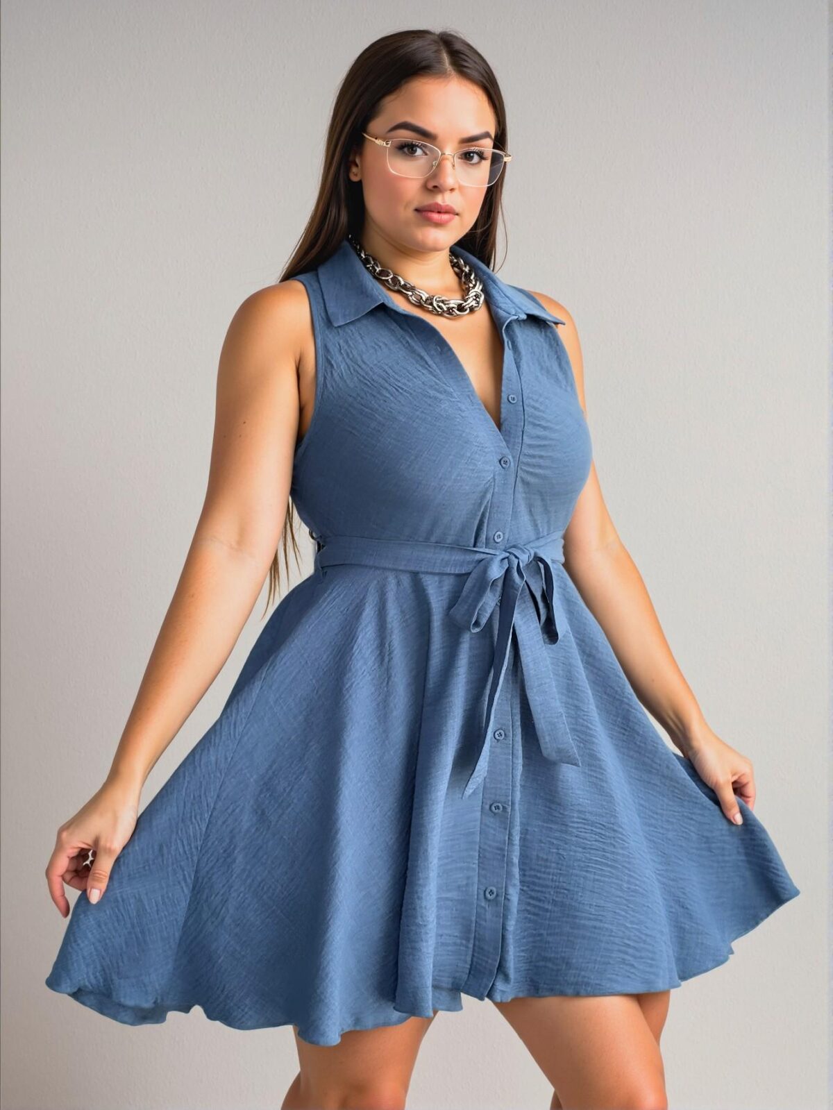 Elegant Blue Casual Sleeveless Shirt Dress with Single Breasted Design for Spring and Summer - Chic, Classy and Trendy Fashion Style to Dress to Impress - Image 4