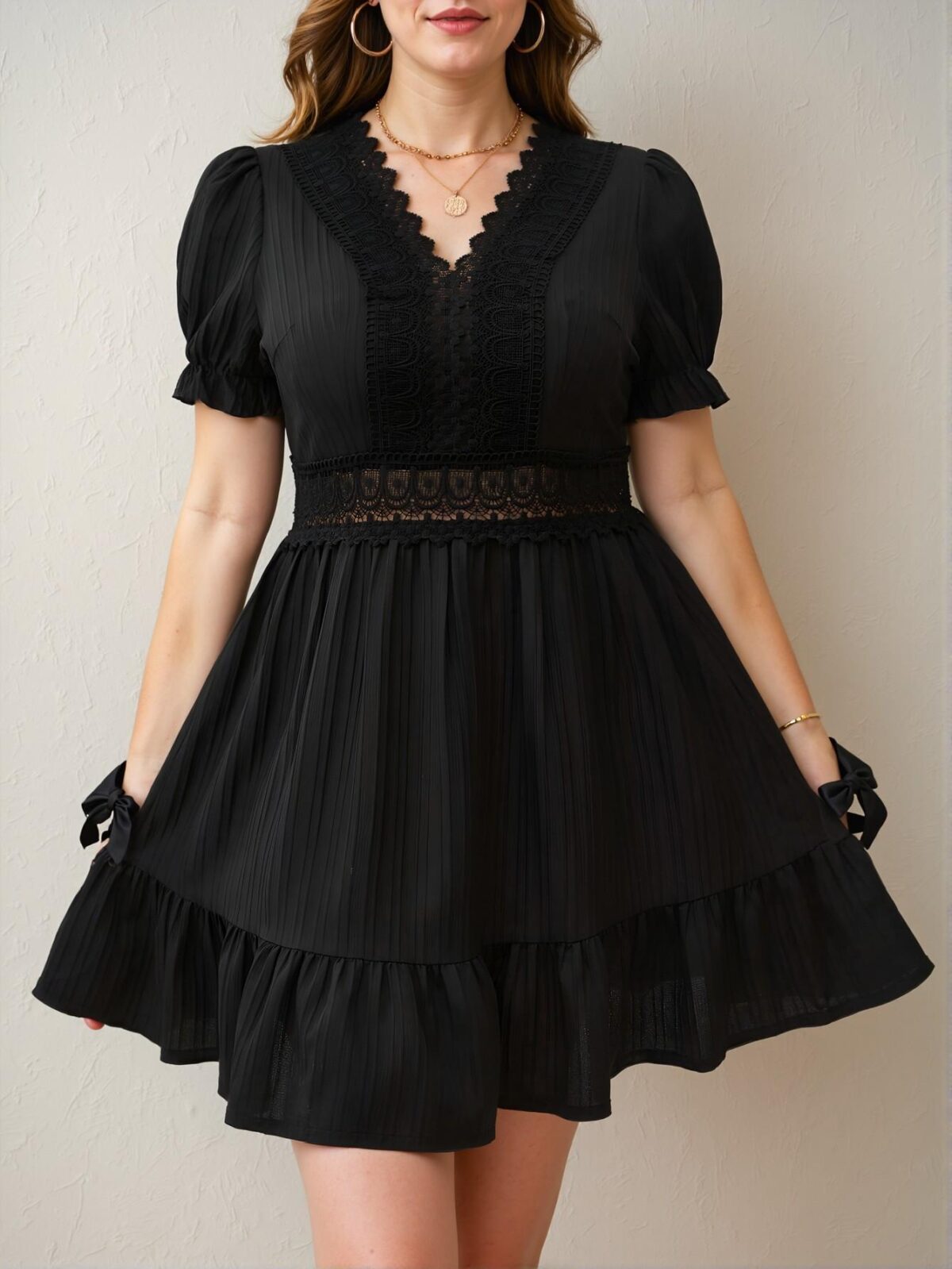 Elegant Black Flounce Hem Dress with Lace Insert and Ruffle Details for Spring and Summer Chic, Classy and Trendy Fashion Style to Dress to Impress