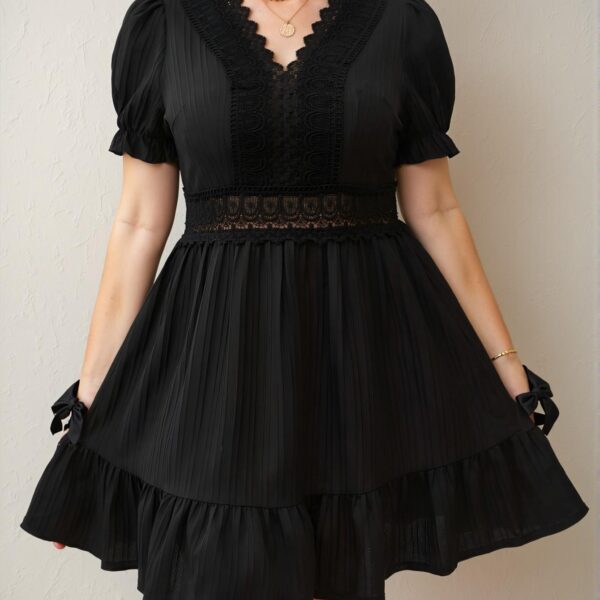 Elegant Black Flounce Hem Dress with Lace Insert and Ruffle Details for Spring and Summer Chic, Classy and Trendy Fashion Style to Dress to Impress