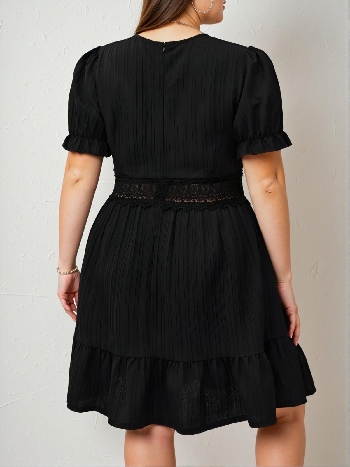 Elegant Black Flounce Hem Dress with Lace Insert and Ruffle Details for Spring and Summer Chic, Classy and Trendy Fashion Style to Dress to Impress - Image 2