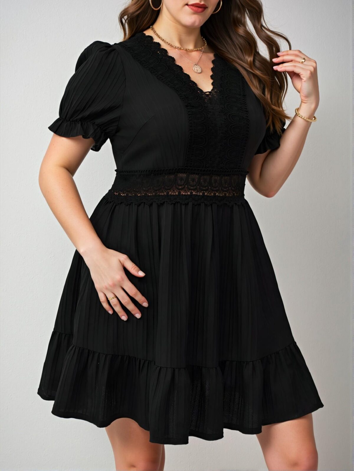 Elegant Black Flounce Hem Dress with Lace Insert and Ruffle Details for Spring and Summer Chic, Classy and Trendy Fashion Style to Dress to Impress - Image 4