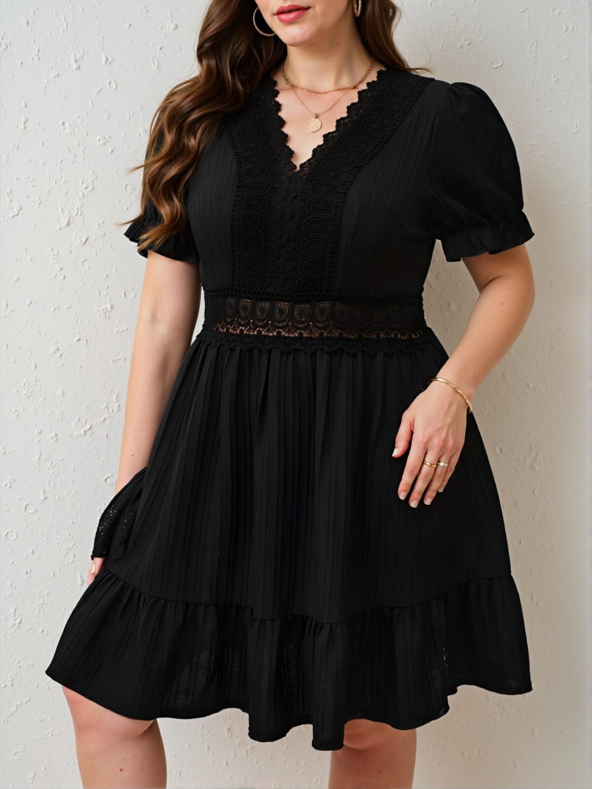 Elegant Black Flounce Hem Dress with Lace Insert and Ruffle Details for Spring and Summer Chic, Classy and Trendy Fashion Style to Dress to Impress - Image 5