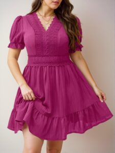 Elegant Hot Pink Stylish Plus Size Lace Patchwork Puff Sleeve A-Line Dress for Spring and Summer - Chic, Classy and Trendy Fashion Style to Dress to Impress
