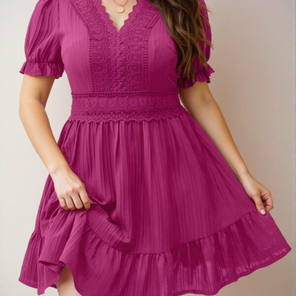 Elegant Hot Pink Stylish Plus Size Lace Patchwork Puff Sleeve A-Line Dress for Spring and Summer - Chic, Classy and Trendy Fashion Style to Dress to Impress