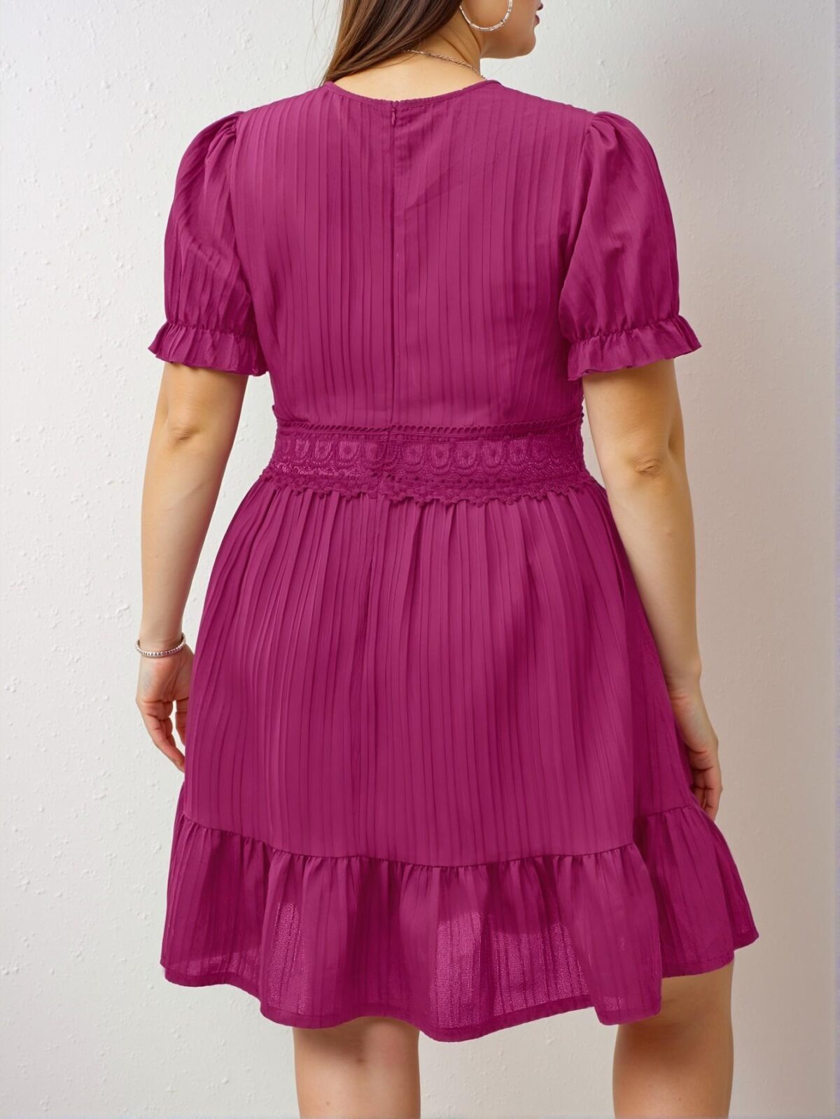 Elegant Hot Pink Stylish Plus Size Lace Patchwork Puff Sleeve A-Line Dress for Spring and Summer - Chic, Classy and Trendy Fashion Style to Dress to Impress - Image 2