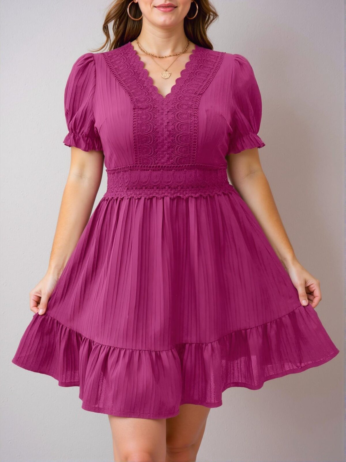 Elegant Hot Pink Stylish Plus Size Lace Patchwork Puff Sleeve A-Line Dress for Spring and Summer - Chic, Classy and Trendy Fashion Style to Dress to Impress - Image 4