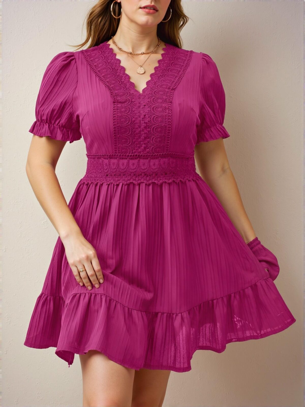Elegant Hot Pink Stylish Plus Size Lace Patchwork Puff Sleeve A-Line Dress for Spring and Summer - Chic, Classy and Trendy Fashion Style to Dress to Impress - Image 5