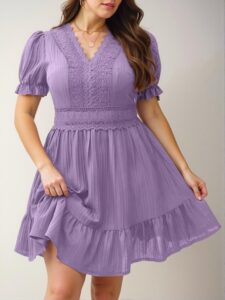 Elegant Purple Flounce Hem Lace Detail Puff Sleeve Summer Dress for Spring and Summer Chic, Classy, and Trendy Fashion Style to Dress to Impress