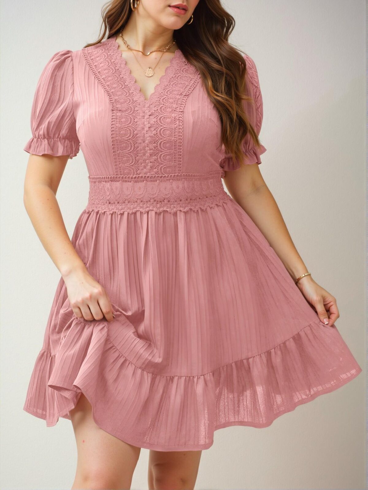 Elegant Baby Pink A-Line Summer Dress with Puff Sleeves and Lace Patchwork Details – Chic, Classy and Trendy Fashion Style to Dress to Impress