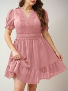 Elegant Baby Pink A-Line Summer Dress with Puff Sleeves and Lace Patchwork Details – Chic, Classy and Trendy Fashion Style to Dress to Impress