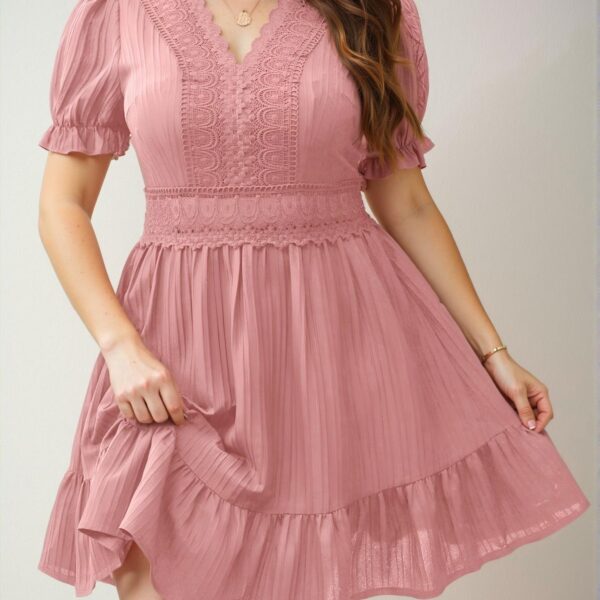 Elegant Baby Pink A-Line Summer Dress with Puff Sleeves and Lace Patchwork Details – Chic, Classy and Trendy Fashion Style to Dress to Impress