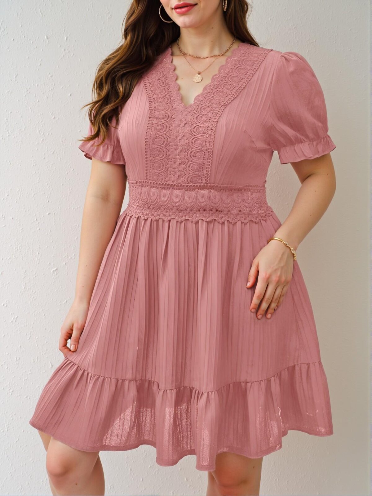 Elegant Baby Pink A-Line Summer Dress with Puff Sleeves and Lace Patchwork Details – Chic, Classy and Trendy Fashion Style to Dress to Impress - Image 5