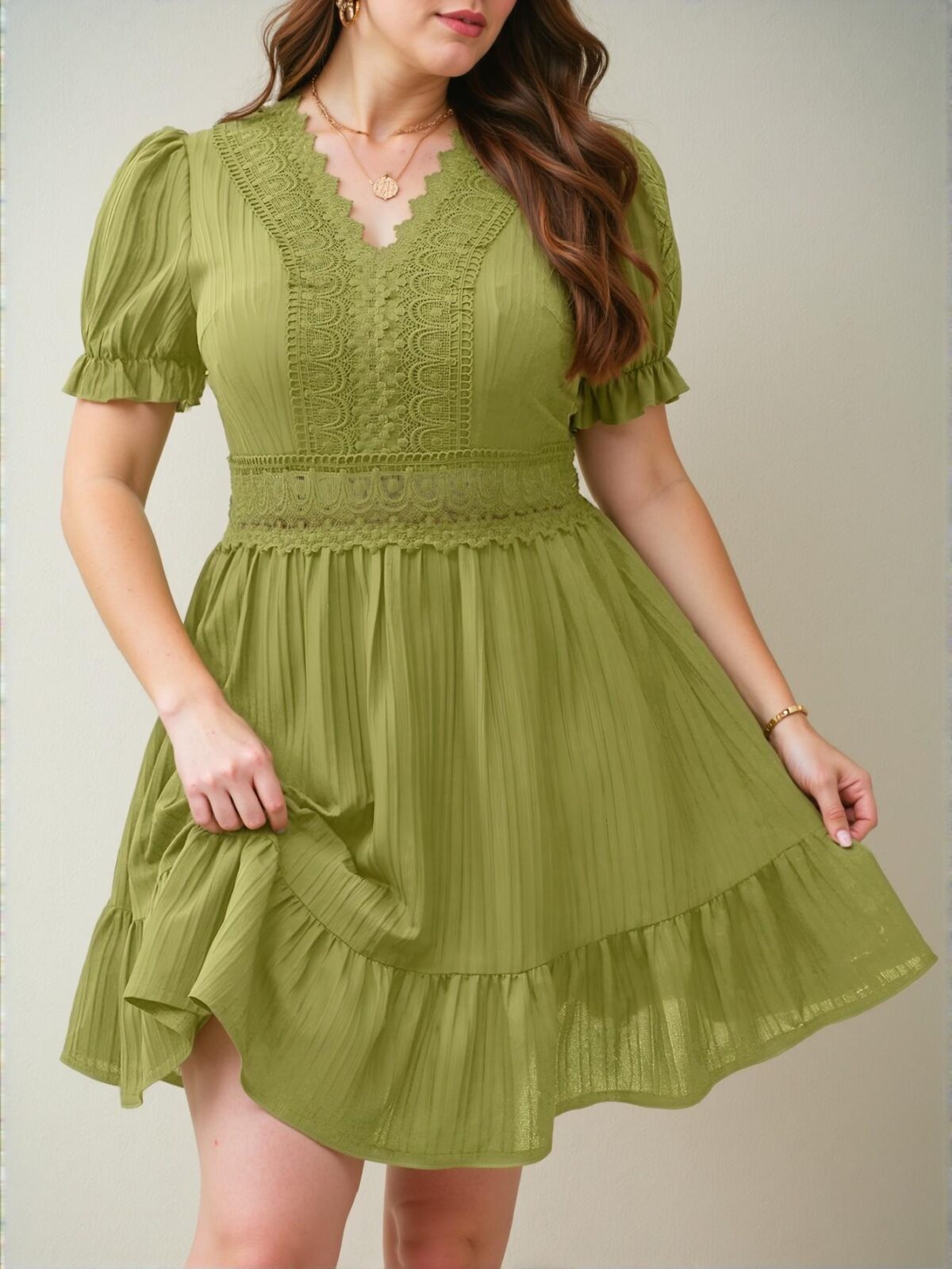 Elegant Olive Green Charming A-Line Dress with Puff Sleeves and Lace Accents for Spring and Summer Chic, Classy and Trendy Fashion Style to Dress to Impress