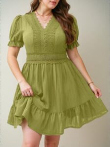 Elegant Olive Green Charming A-Line Dress with Puff Sleeves and Lace Accents for Spring and Summer Chic, Classy and Trendy Fashion Style to Dress to Impress