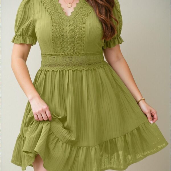 Elegant Olive Green Charming A-Line Dress with Puff Sleeves and Lace Accents for Spring and Summer Chic, Classy and Trendy Fashion Style to Dress to Impress