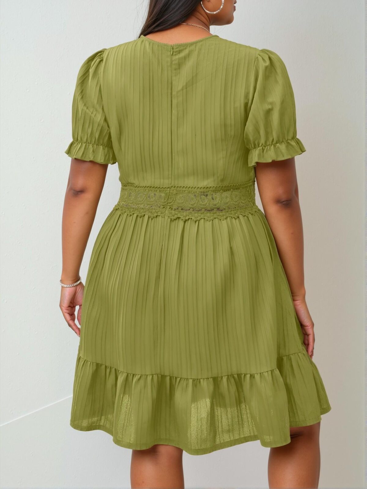 Elegant Olive Green Charming A-Line Dress with Puff Sleeves and Lace Accents for Spring and Summer Chic, Classy and Trendy Fashion Style to Dress to Impress - Image 2