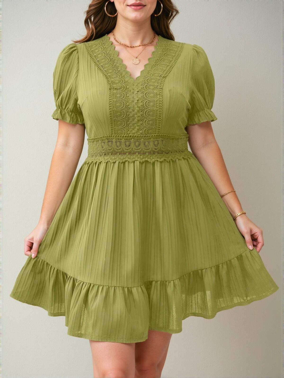 Elegant Olive Green Charming A-Line Dress with Puff Sleeves and Lace Accents for Spring and Summer Chic, Classy and Trendy Fashion Style to Dress to Impress - Image 4