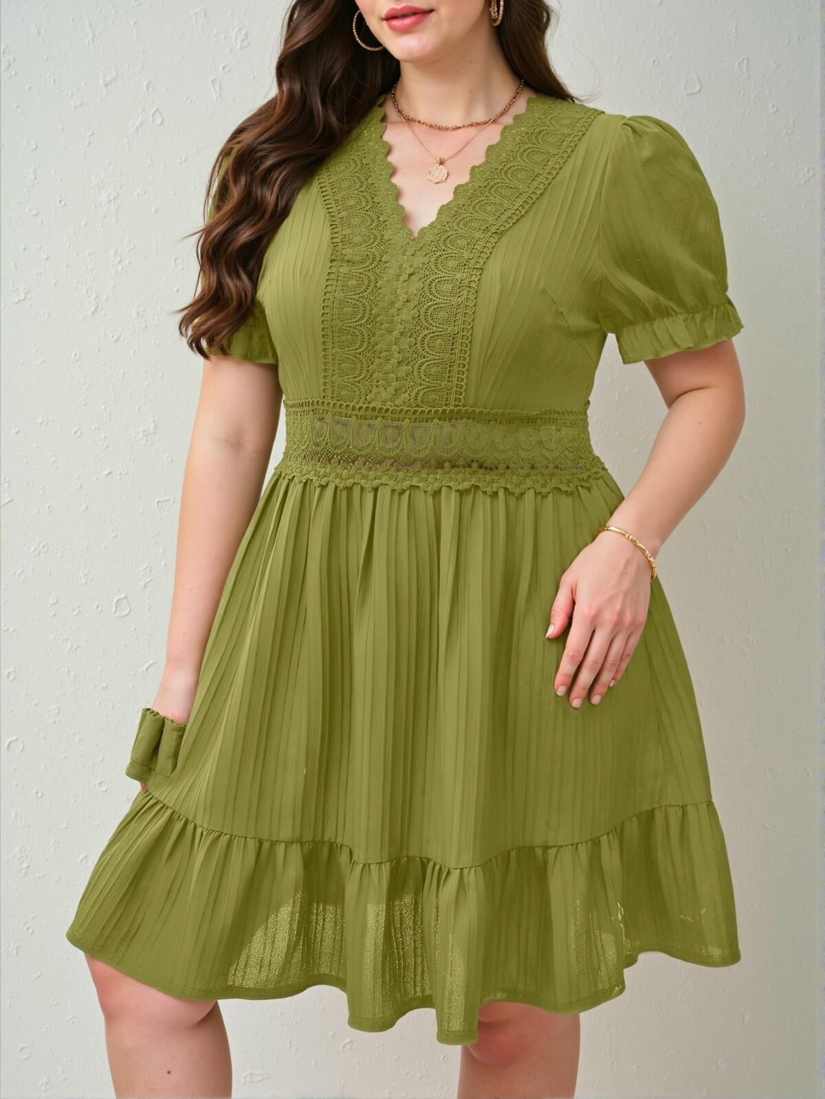 Elegant Olive Green Charming A-Line Dress with Puff Sleeves and Lace Accents for Spring and Summer Chic, Classy and Trendy Fashion Style to Dress to Impress - Image 5