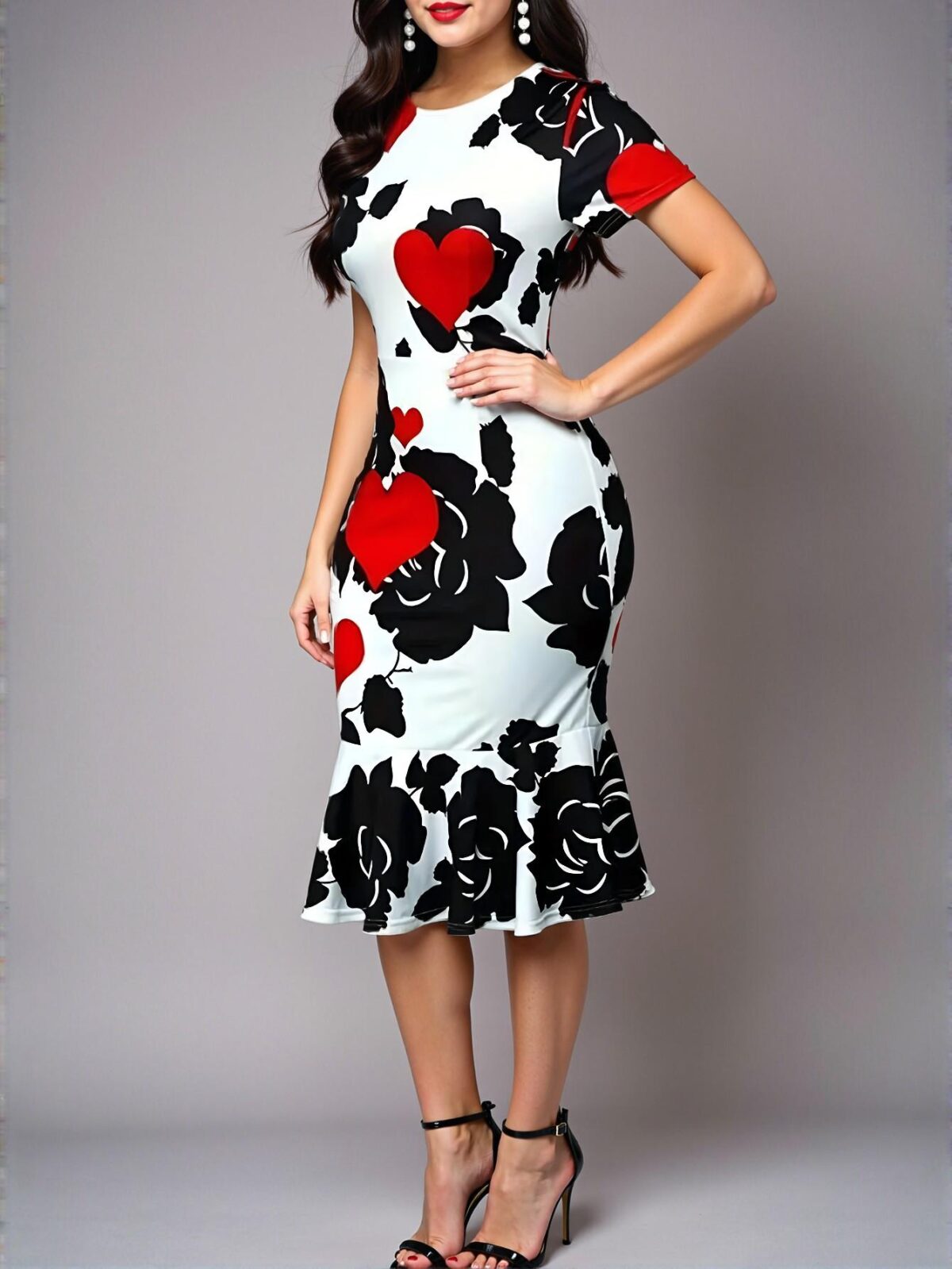 Elegant Multicolor Floral Heart Print Mermaid Hem Dress for Spring and Summer - Chic, Classy and Trendy Fashion Style to Dress to Impress - Image 3
