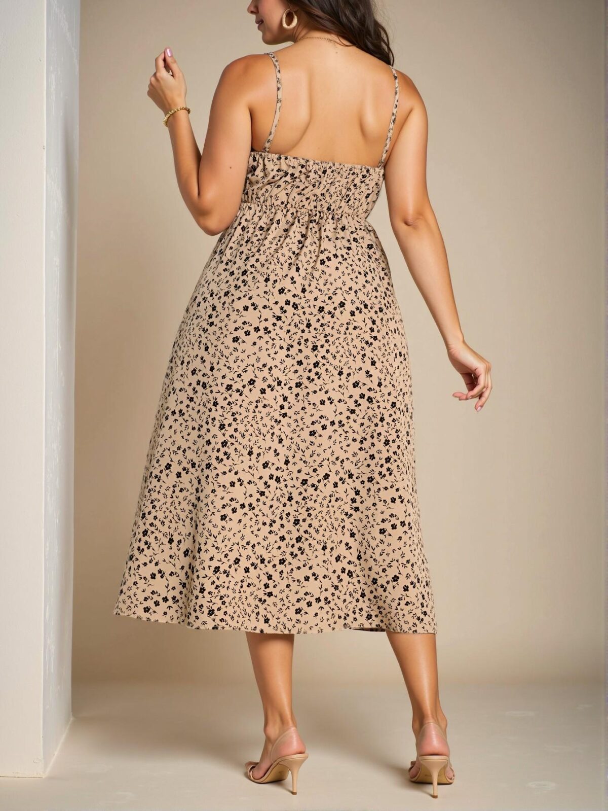 Elegant Khaki Casual Floral Slit Cami Dress with Ruched Bust and Split Thigh for Spring and Summer: Chic, Classy and Trendy Fashion Style to Dress to Impress. - Image 2