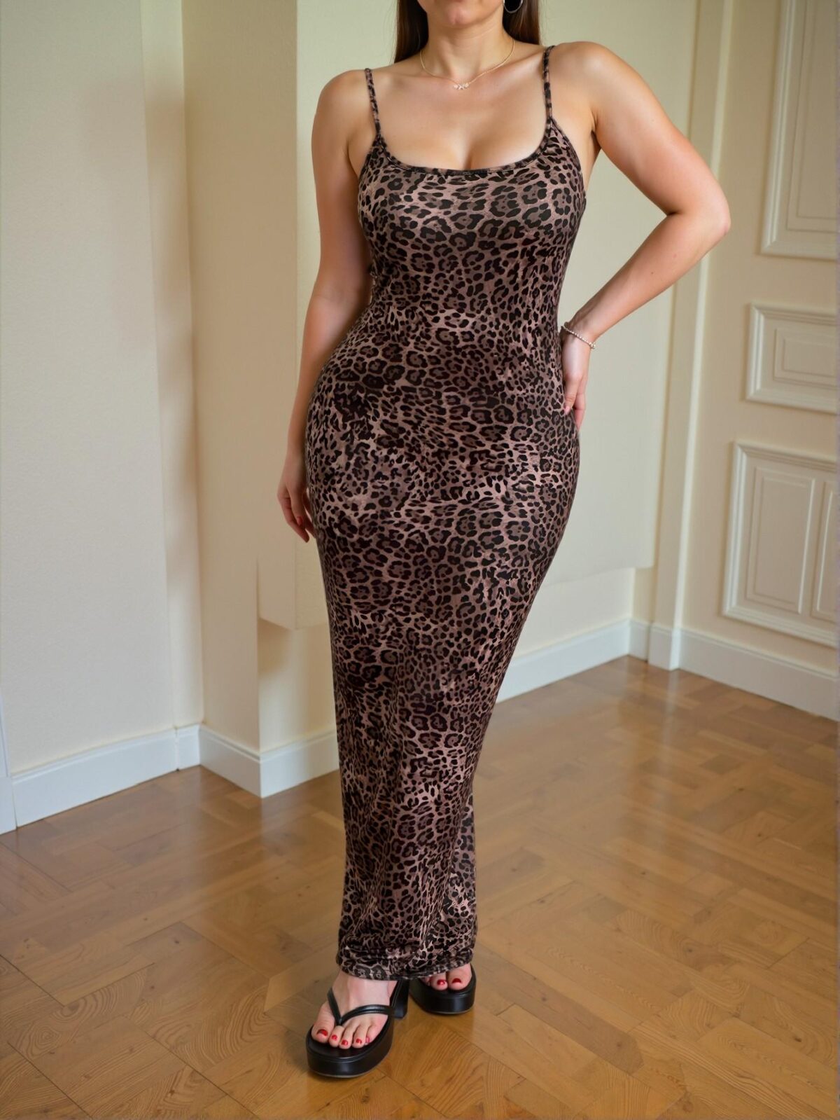 Elegant Brown Sleeveless Leopard Print Slim Fit Midi Dress Perfect for Spring and Summer Getaways Chic, Classy and Trendy Fashion Style to Dress to Impress - Image 4