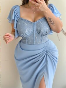 Elegant Blue Sweetheart Neck Jacquard Chiffon Layered Ruffle Midi Dress with Flared Hem for Romantic Spring and Summer Getaways - Chic, Classy and Trendy Fashion Style to Dress to Impress