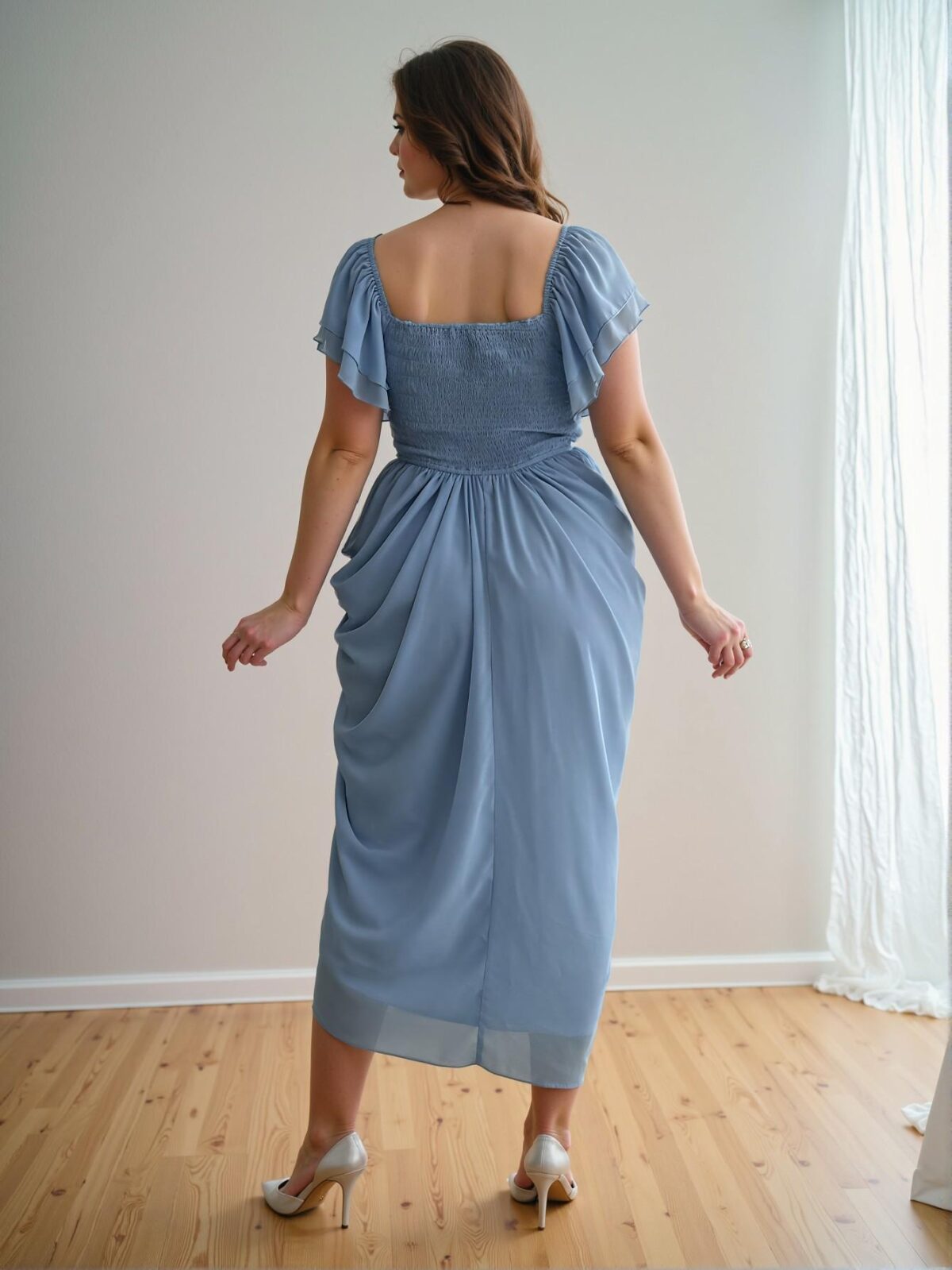 Elegant Blue Sweetheart Neck Jacquard Chiffon Layered Ruffle Midi Dress with Flared Hem for Romantic Spring and Summer Getaways - Chic, Classy and Trendy Fashion Style to Dress to Impress - Image 2