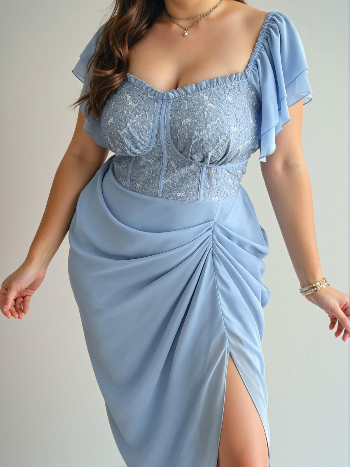 Elegant Blue Sweetheart Neck Jacquard Chiffon Layered Ruffle Midi Dress with Flared Hem for Romantic Spring and Summer Getaways - Chic, Classy and Trendy Fashion Style to Dress to Impress - Image 3