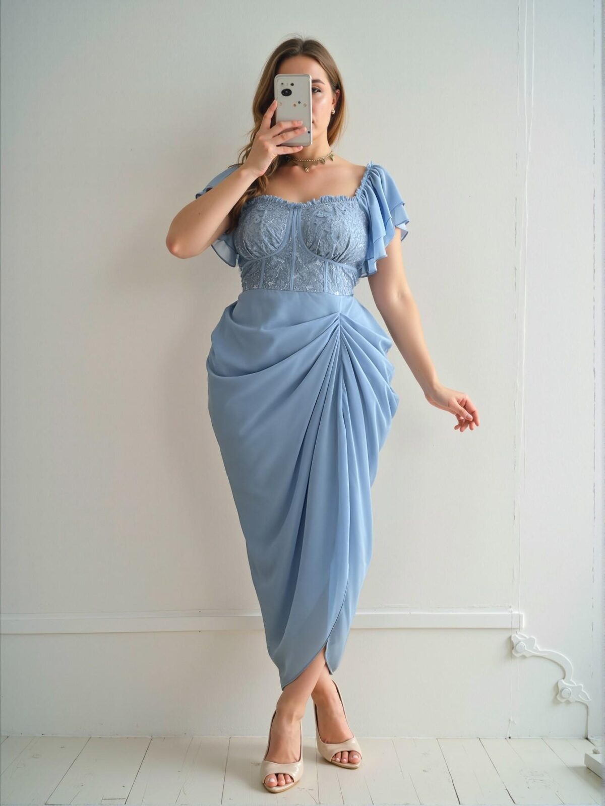 Elegant Blue Sweetheart Neck Jacquard Chiffon Layered Ruffle Midi Dress with Flared Hem for Romantic Spring and Summer Getaways - Chic, Classy and Trendy Fashion Style to Dress to Impress - Image 4
