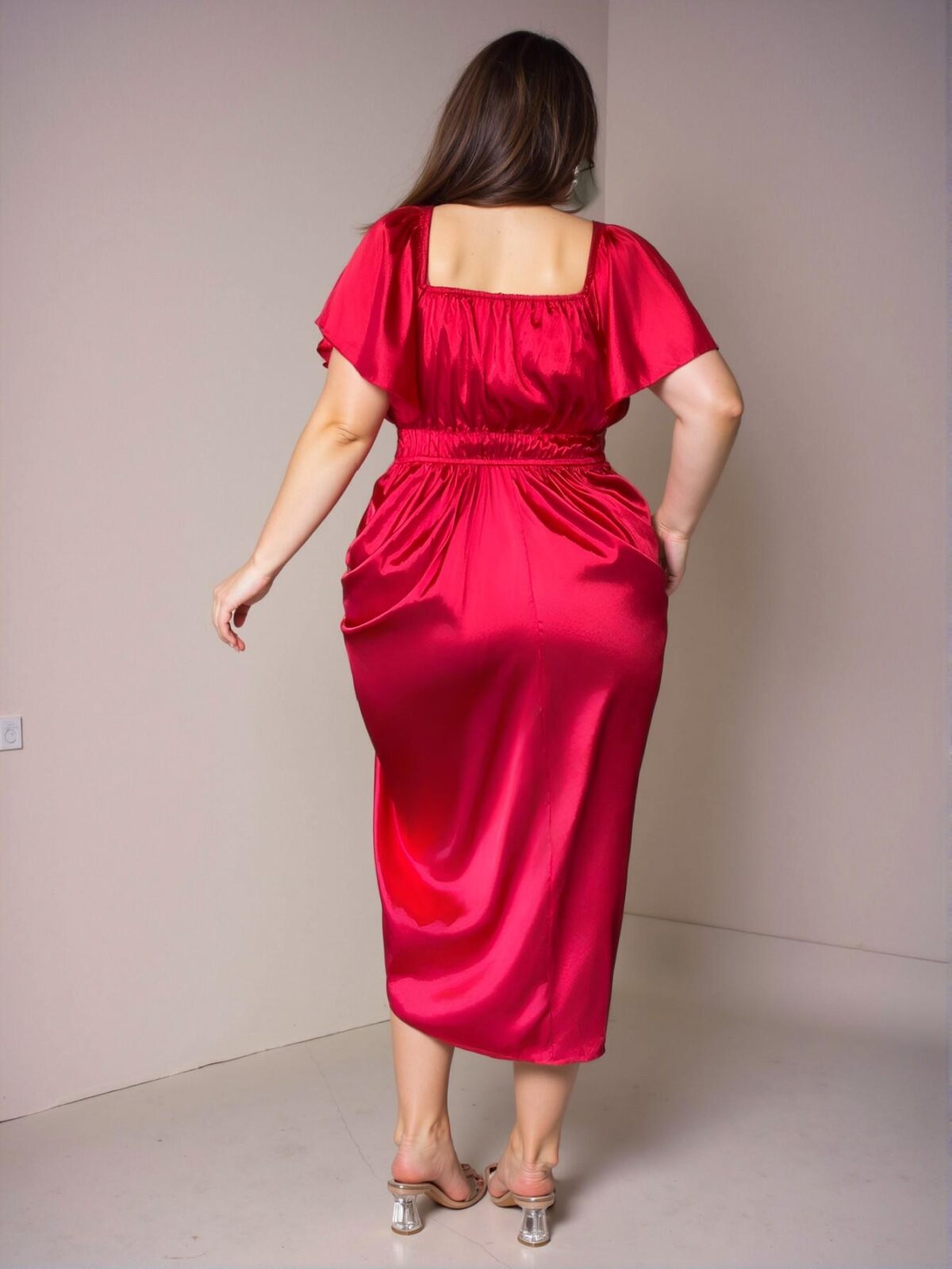 Elegant Red Flounce Sleeve Satin Wrap Midi Peplum Dress for Romantic Spring and Summer Events - Chic, Classy and Trendy Fashion Style to Dress to Impress - Image 2