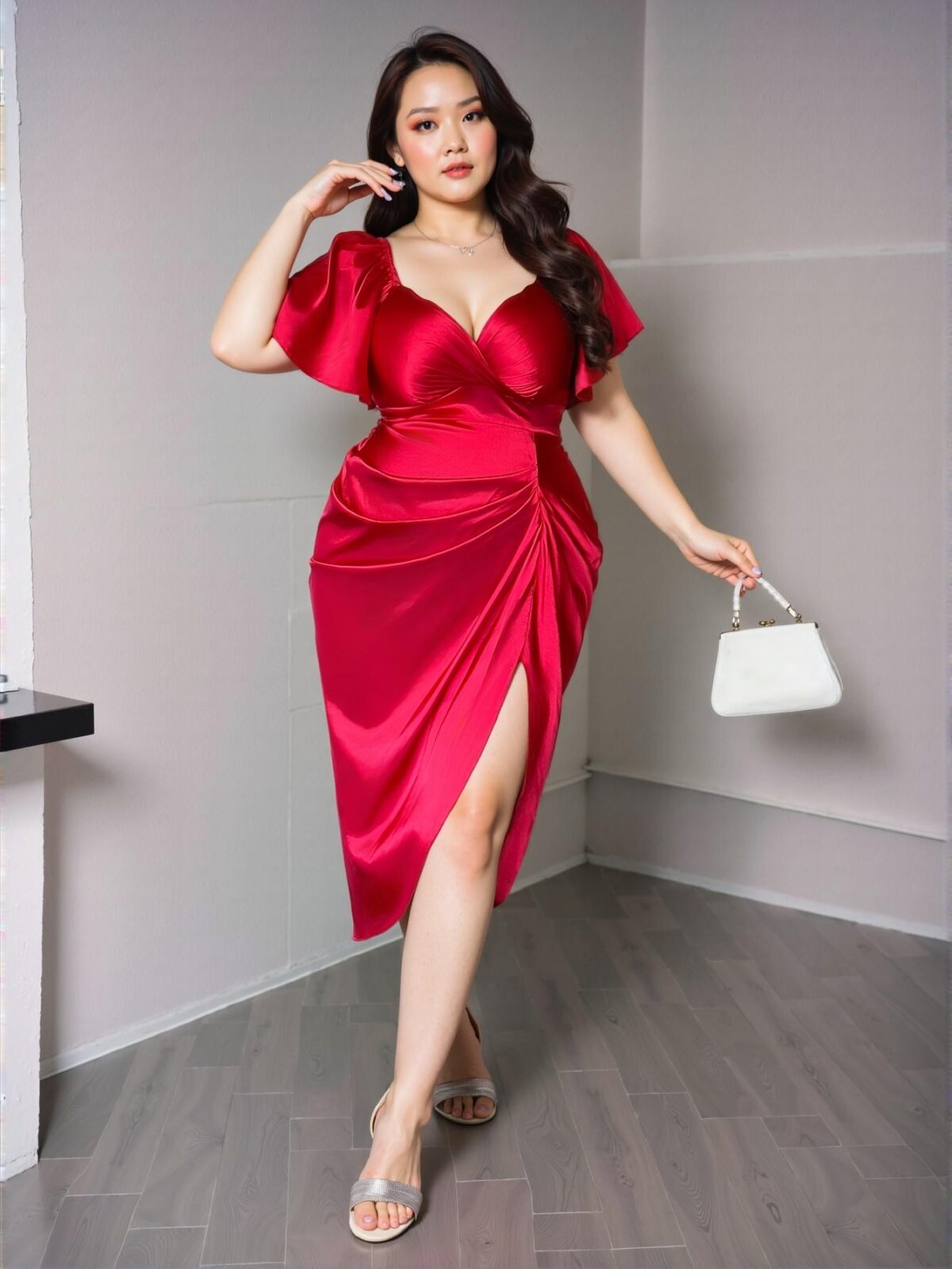 Elegant Red Flounce Sleeve Satin Wrap Midi Peplum Dress for Romantic Spring and Summer Events - Chic, Classy and Trendy Fashion Style to Dress to Impress - Image 3