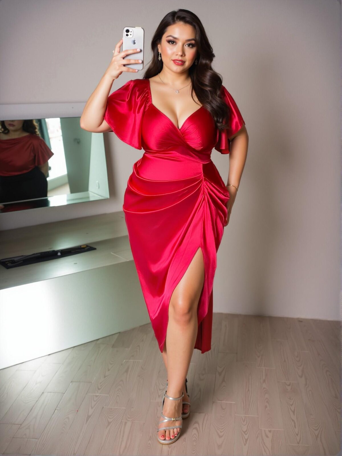 Elegant Red Flounce Sleeve Satin Wrap Midi Peplum Dress for Romantic Spring and Summer Events - Chic, Classy and Trendy Fashion Style to Dress to Impress - Image 4
