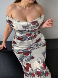 Elegant Beige Off Shoulder Floral Printed Fish Hem Dress Perfect for Spring and Summer Chic, Classy and Trendy Fashion Style to Dress to Impress