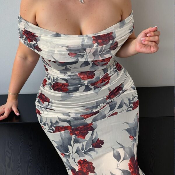Elegant Beige Off Shoulder Floral Printed Fish Hem Dress Perfect for Spring and Summer Chic, Classy and Trendy Fashion Style to Dress to Impress