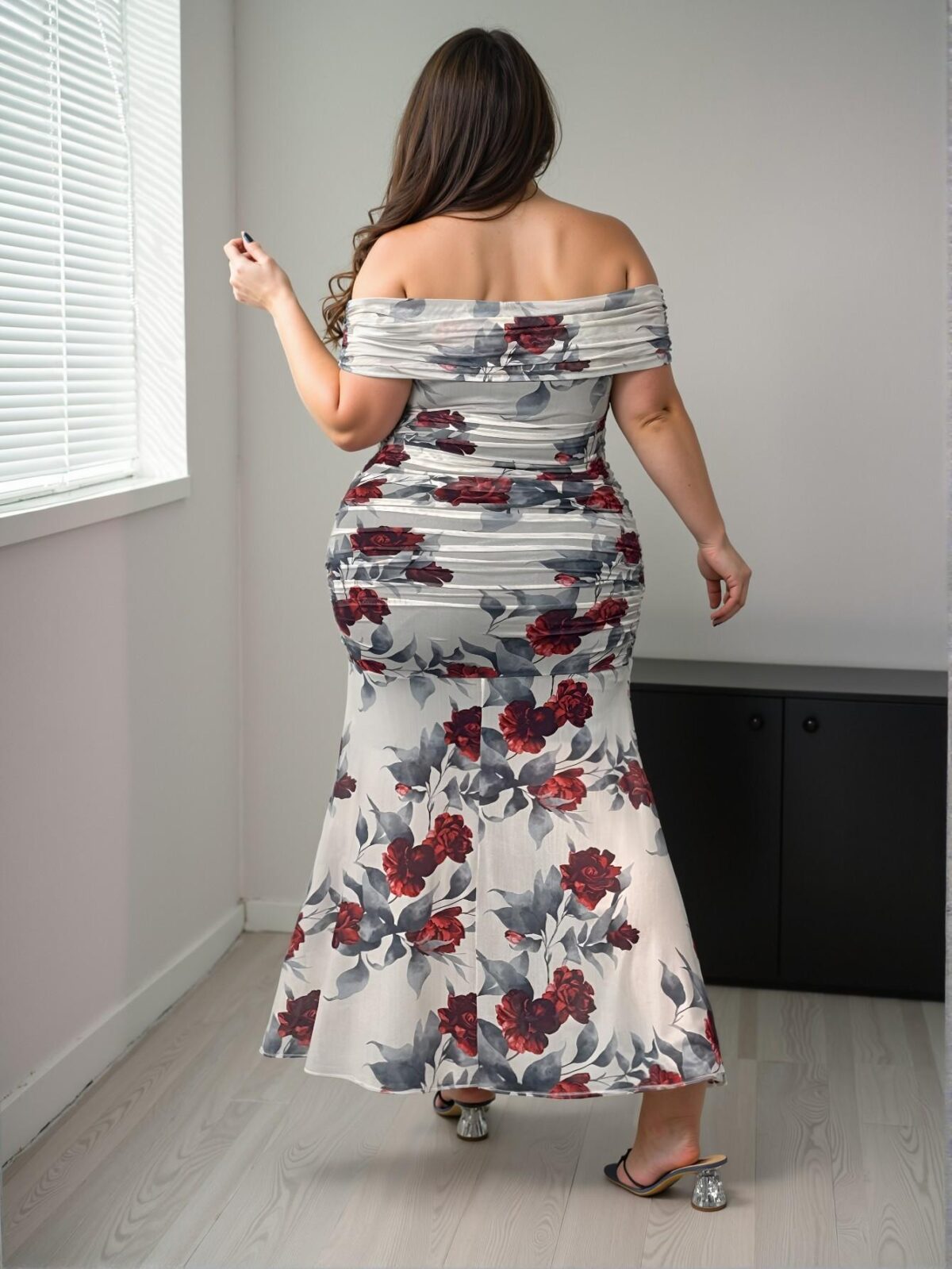 Elegant Beige Off Shoulder Floral Printed Fish Hem Dress Perfect for Spring and Summer Chic, Classy and Trendy Fashion Style to Dress to Impress - Image 2