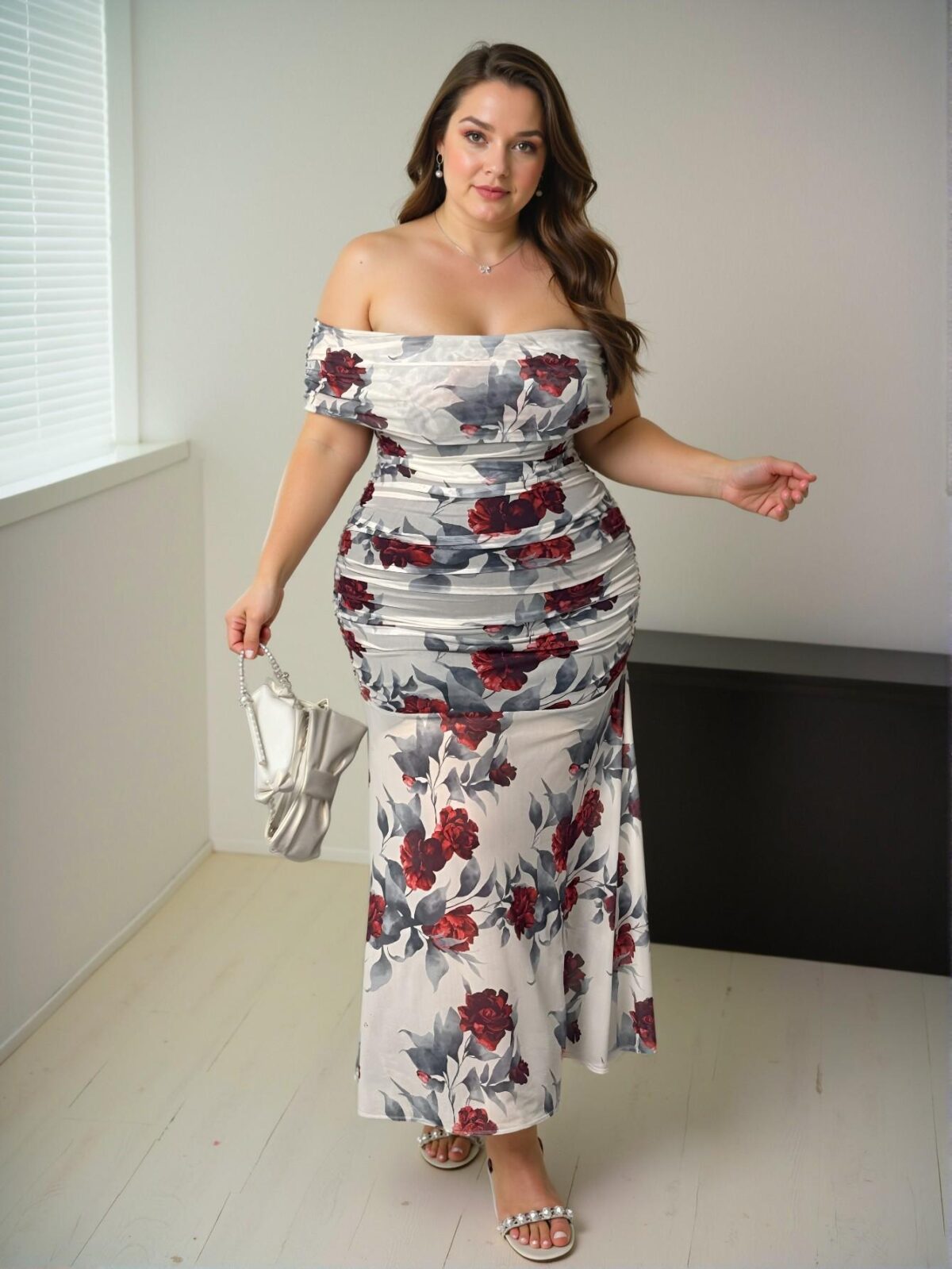 Elegant Beige Off Shoulder Floral Printed Fish Hem Dress Perfect for Spring and Summer Chic, Classy and Trendy Fashion Style to Dress to Impress - Image 3