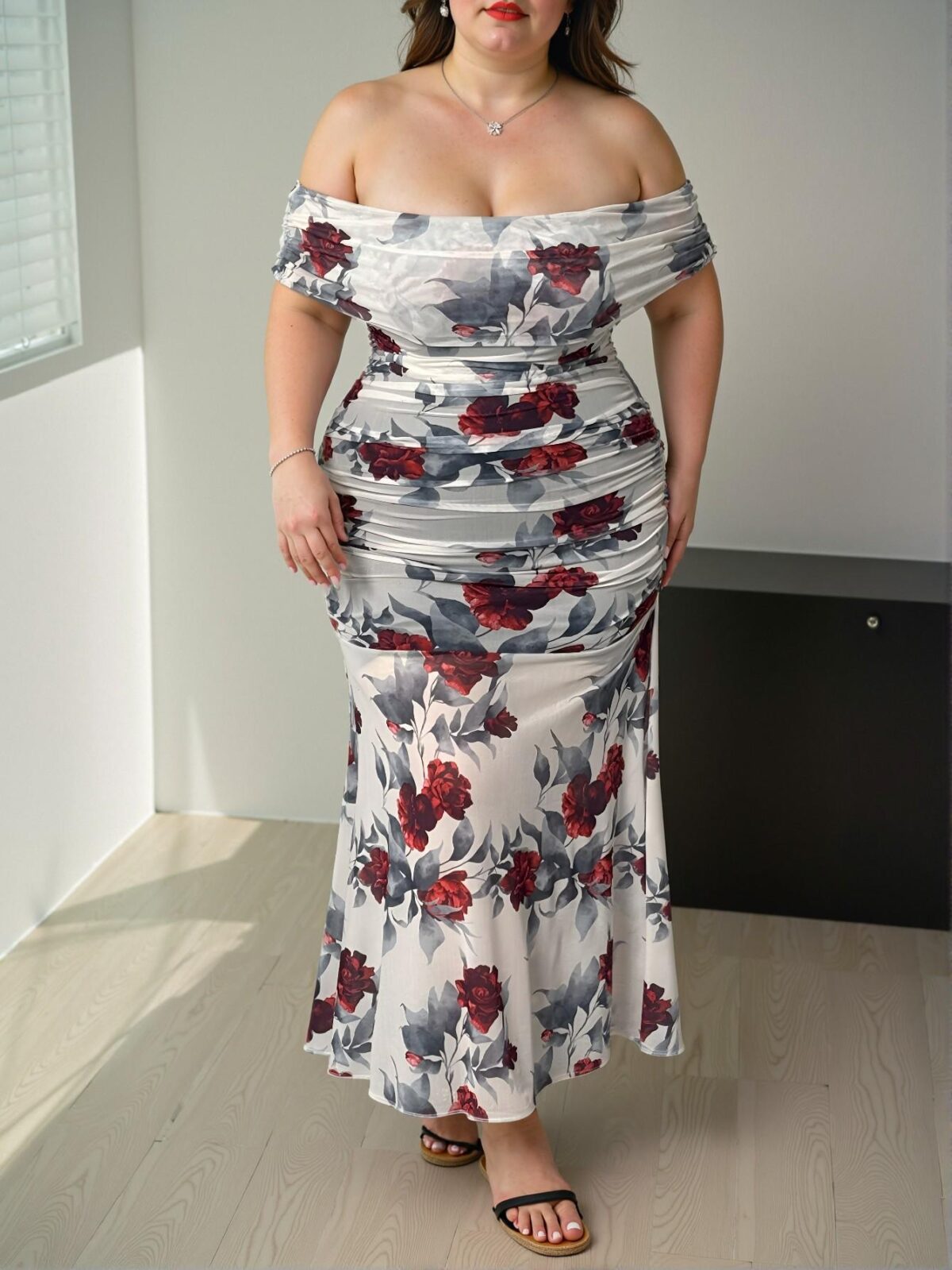 Elegant Beige Off Shoulder Floral Printed Fish Hem Dress Perfect for Spring and Summer Chic, Classy and Trendy Fashion Style to Dress to Impress - Image 4