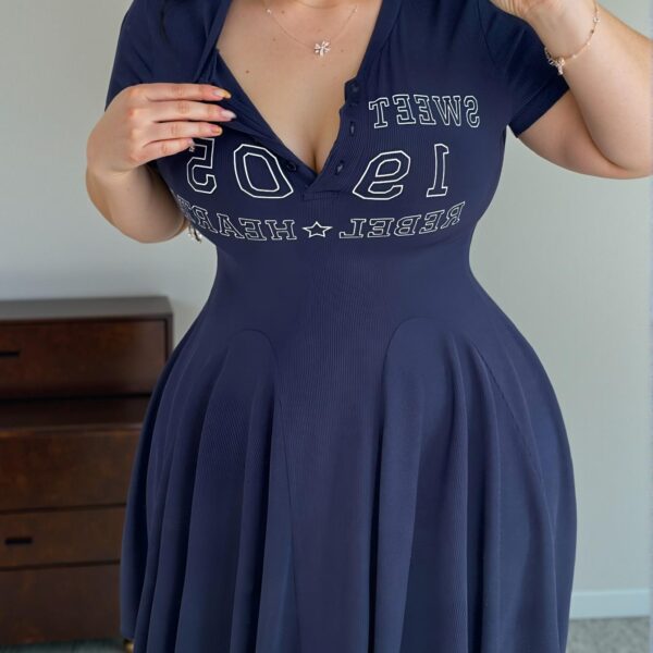 Elegant Navy Blue Stylish Letter Print Short Sleeve Casual Dress for Spring and Summer - Chic, Classy and Trendy Fashion Style to Dress to Impress