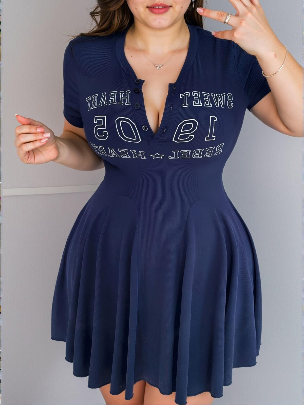 Elegant Navy Blue Stylish Letter Print Short Sleeve Casual Dress for Spring and Summer - Chic, Classy and Trendy Fashion Style to Dress to Impress - Image 3