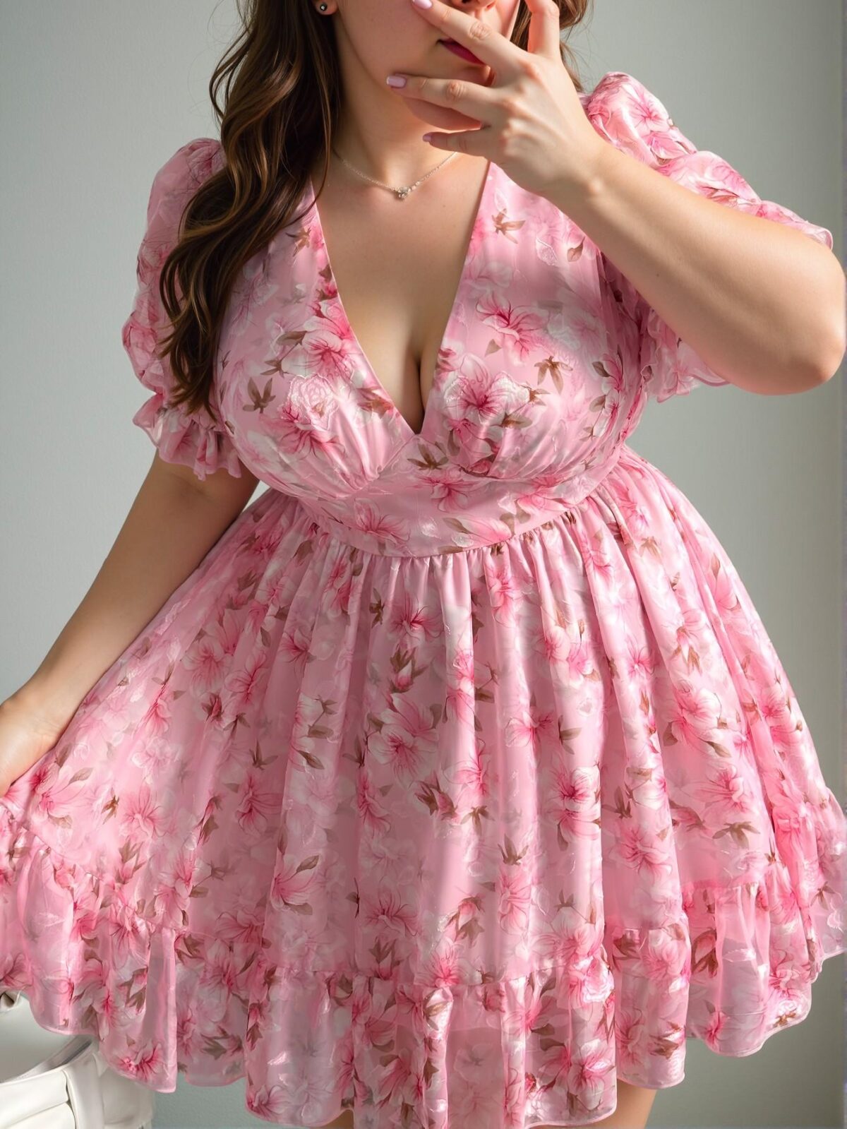 Elegant Pink Enchanting Floral Ruffle Hem Mini Dress, Retro French Charm, Perfect for Early Autumn and Valentine Celebrations in Spring and Summer - Chic, Classy and Trendy Fashion Style to Dress to Impress