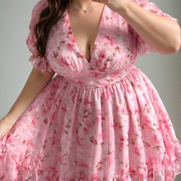 Elegant Pink Enchanting Floral Ruffle Hem Mini Dress, Retro French Charm, Perfect for Early Autumn and Valentine Celebrations in Spring and Summer - Chic, Classy and Trendy Fashion Style to Dress to Impress
