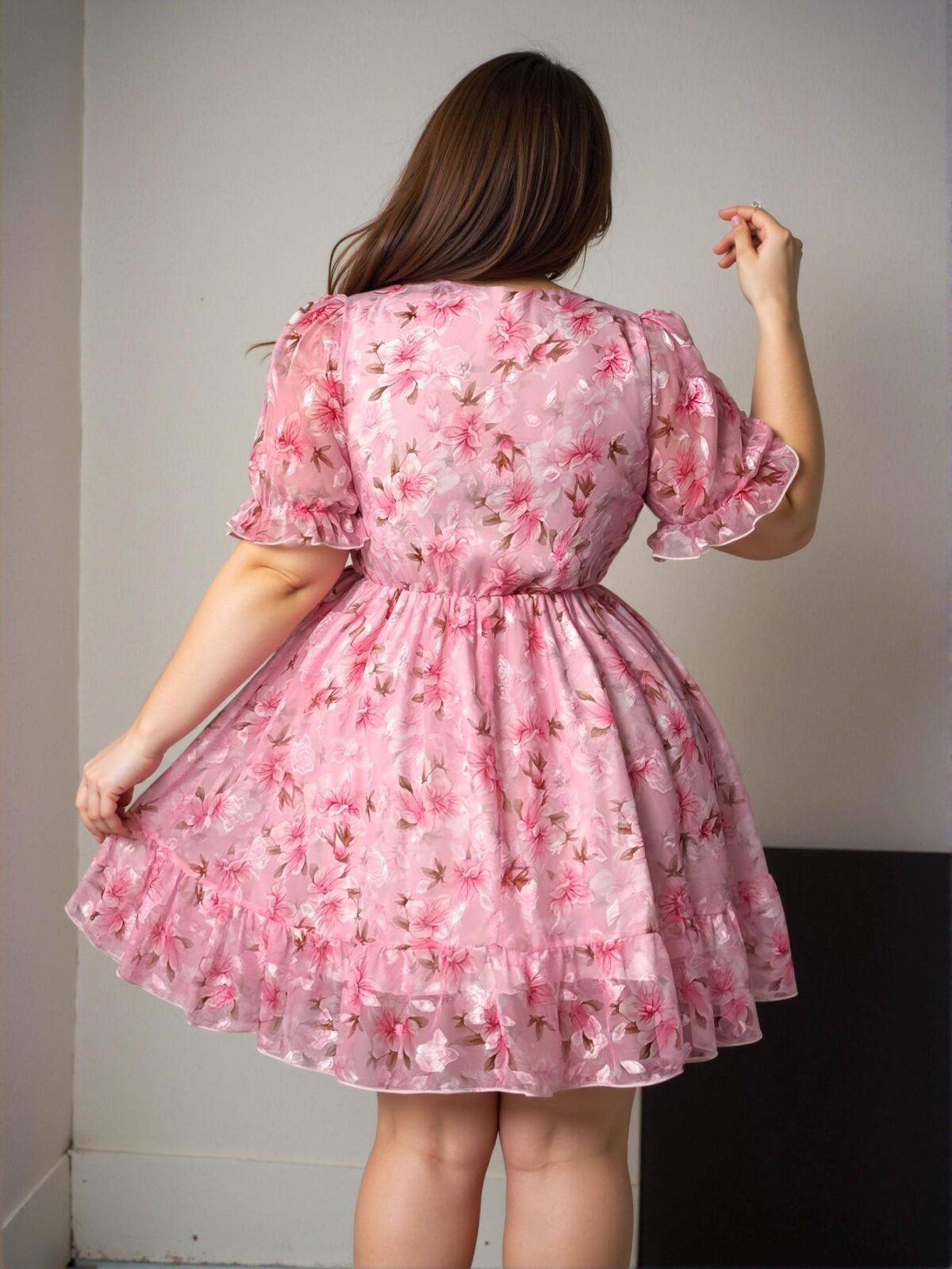 Elegant Pink Enchanting Floral Ruffle Hem Mini Dress, Retro French Charm, Perfect for Early Autumn and Valentine Celebrations in Spring and Summer - Chic, Classy and Trendy Fashion Style to Dress to Impress - Image 2