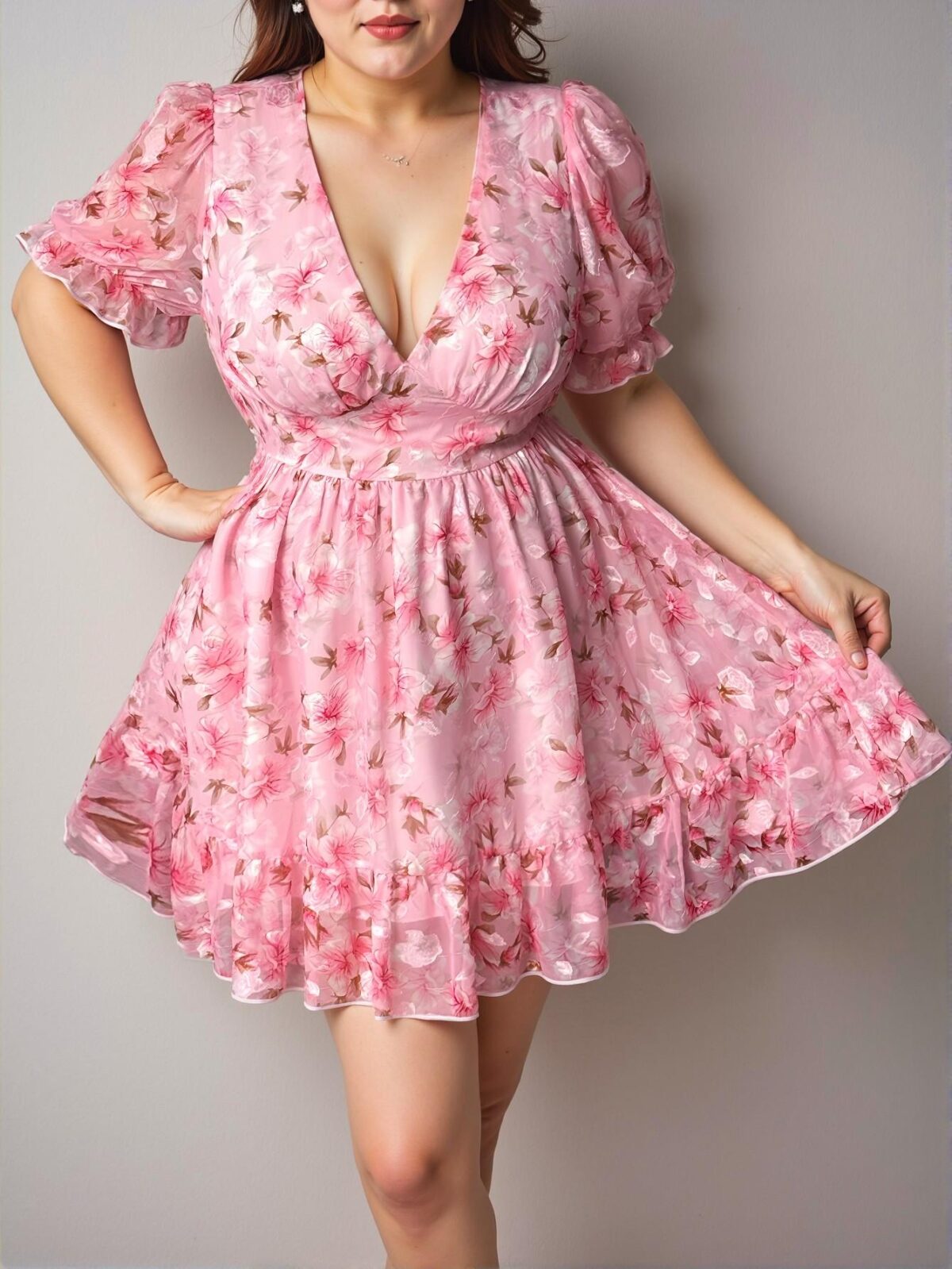 Elegant Pink Enchanting Floral Ruffle Hem Mini Dress, Retro French Charm, Perfect for Early Autumn and Valentine Celebrations in Spring and Summer - Chic, Classy and Trendy Fashion Style to Dress to Impress - Image 5