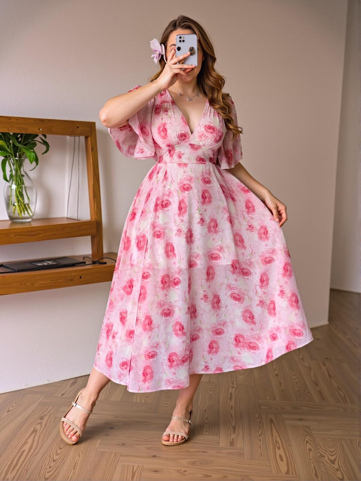 Elegant Pink Romantic Floral Ruffled High Waist Split Maxi Dress for Spring and Summer - Chic, Classy and Trendy Fashion Style to Dress to Impress - Image 4