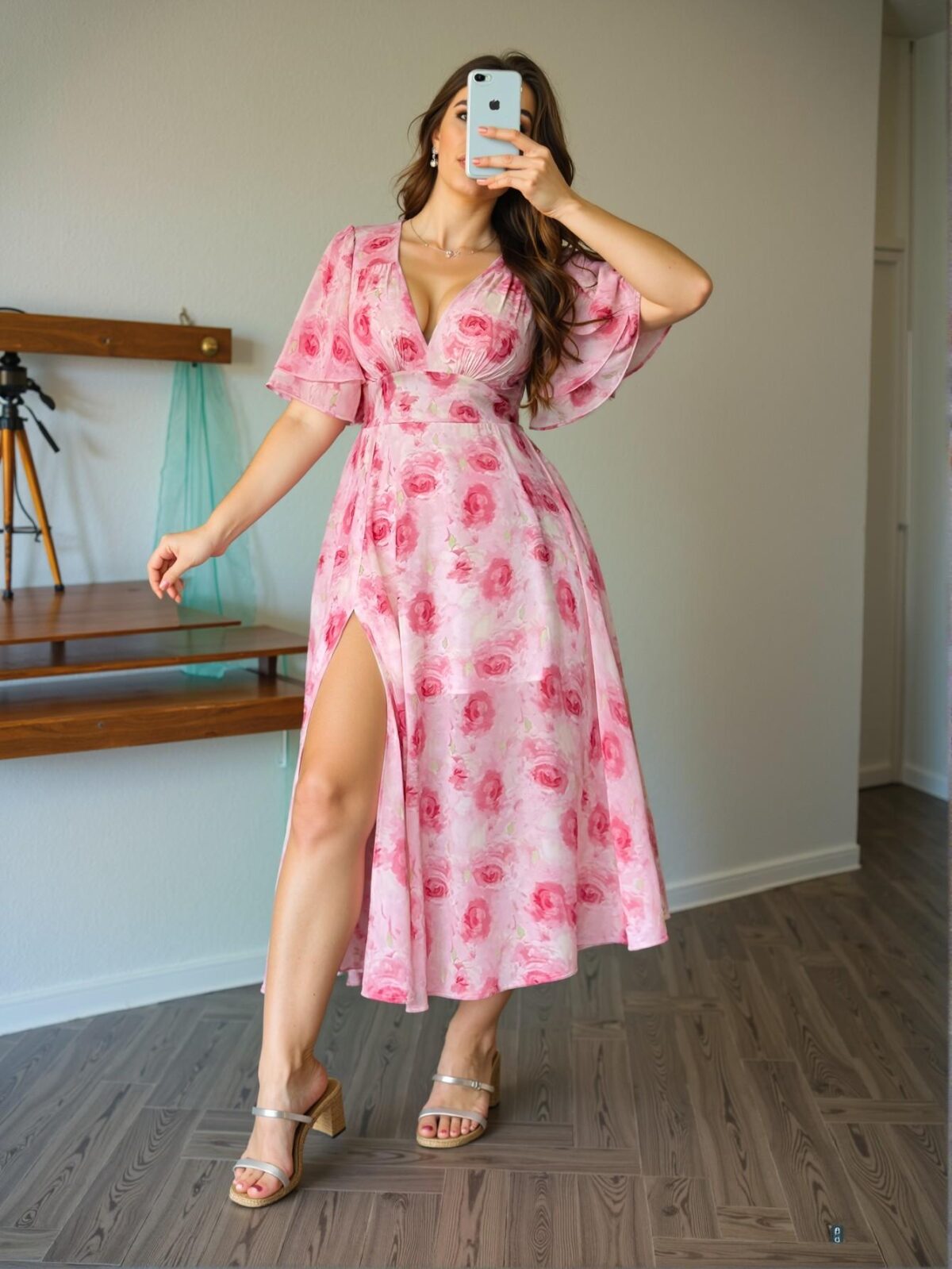 Elegant Pink Romantic Floral Ruffled High Waist Split Maxi Dress for Spring and Summer - Chic, Classy and Trendy Fashion Style to Dress to Impress - Image 5