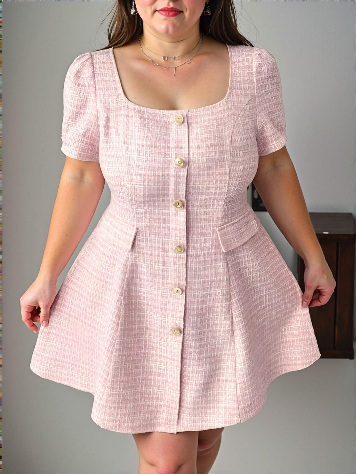 Elegant Pink Stylish Plus Size A-Line Plaid Dress with Short Puff Sleeves and Button Details for Vacations, Dates, and Parties in Spring and Summer - Chic, Classy and Trendy Fashion Style to Dress to Impress - Image 4