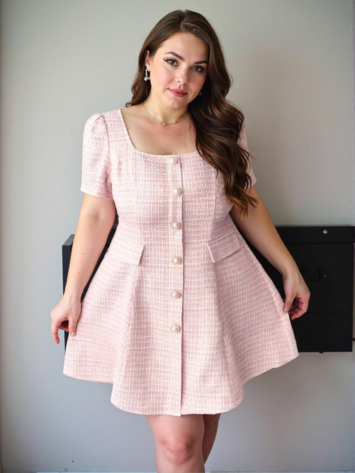 Elegant Pink Stylish Plus Size A-Line Plaid Dress with Short Puff Sleeves and Button Details for Vacations, Dates, and Parties in Spring and Summer - Chic, Classy and Trendy Fashion Style to Dress to Impress - Image 5