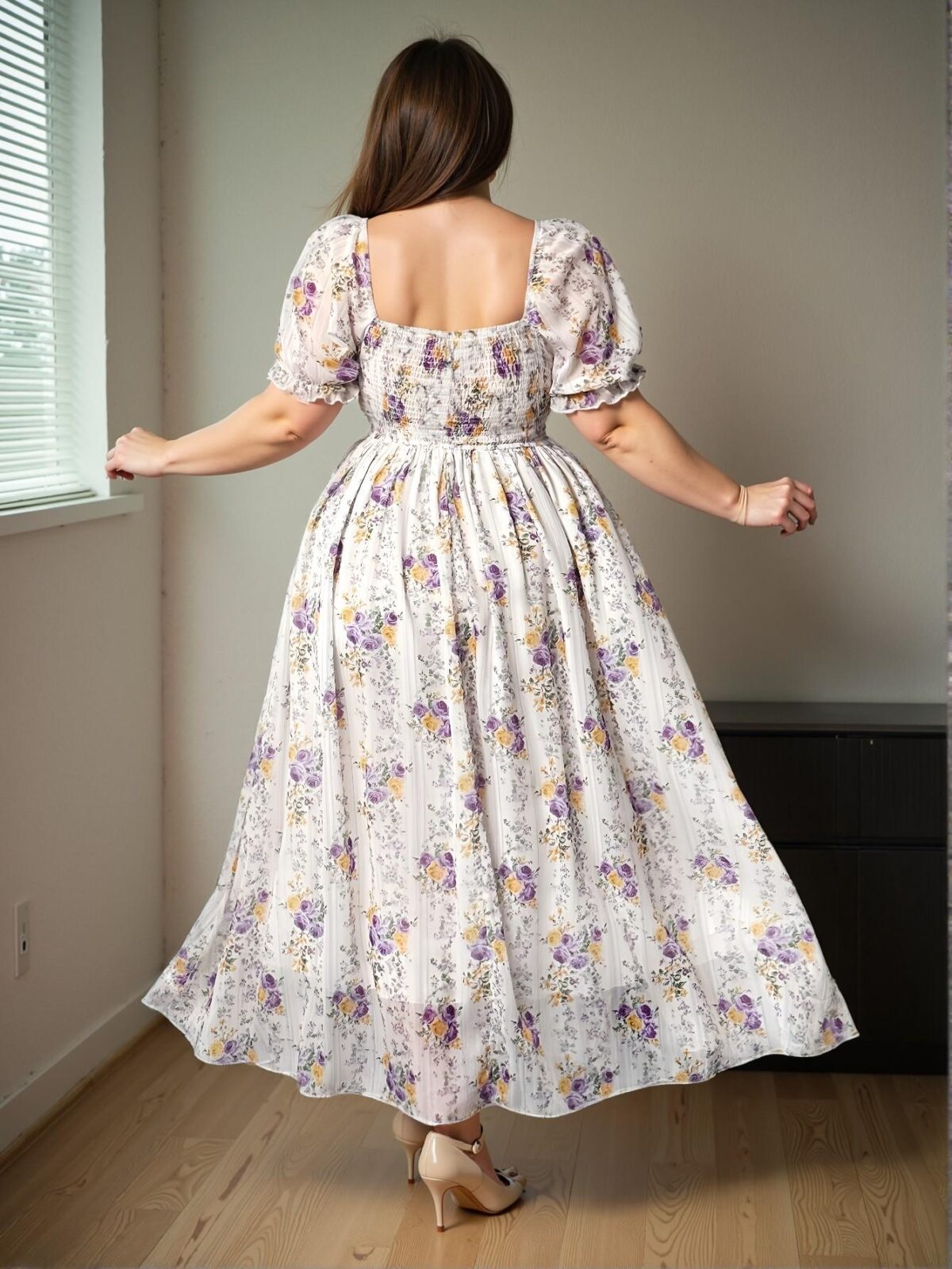 Elegant White Flowy Floral Chiffon Maxi Dress with Short Puff Sleeves for Spring and Summer - Chic, Classy and Trendy Fashion Style to Dress to Impress - Image 2