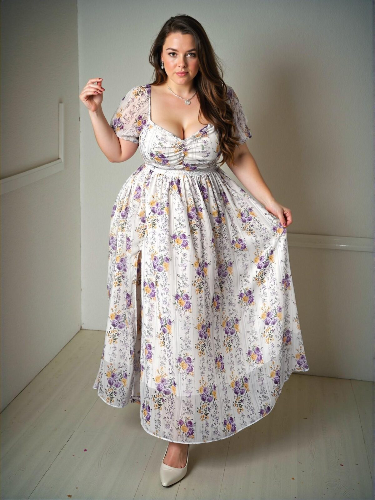Elegant White Flowy Floral Chiffon Maxi Dress with Short Puff Sleeves for Spring and Summer - Chic, Classy and Trendy Fashion Style to Dress to Impress - Image 4